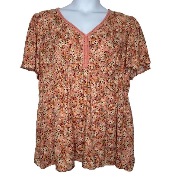 Sonoma Ditsy Floral Babydoll Tunic Top Crochet Size 2XL Coral Pink - Picture 1 of 9